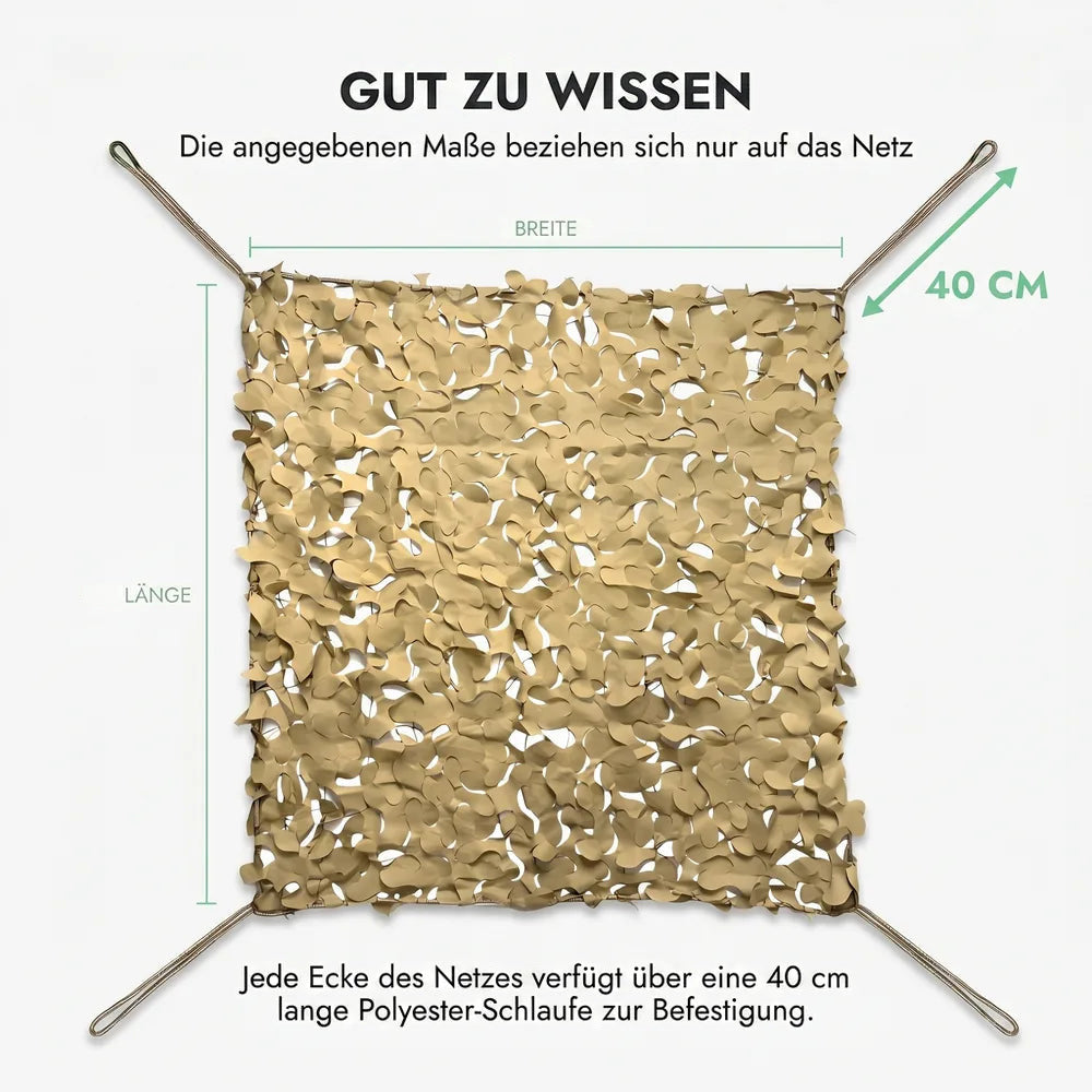 Tarnnetz Beige – Gut zu wissen: Maße gelten nur für das Netz, Schlaufe an jeder Ecke zur Befestigung