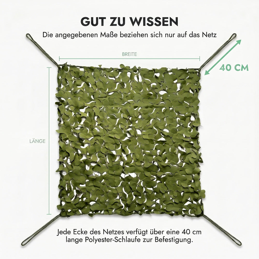 Tarnnetz Bundeswehr – Gut zu wissen: Maße gelten nur für das Netz, Schlaufe an jeder Ecke zur Befestigung
