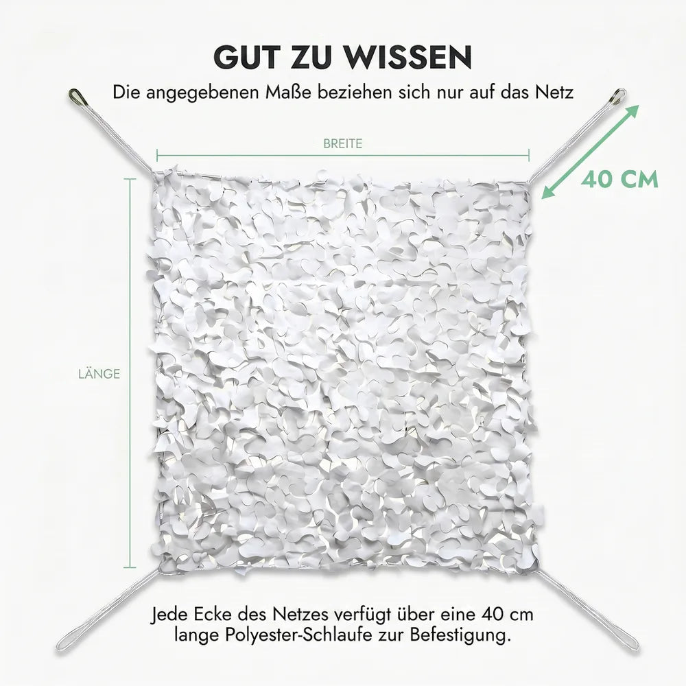 Tarnnetz Dreieck Weiß – Gut zu wissen: Maße gelten nur für das Netz, Schlaufe an jeder Ecke zur Befestigung