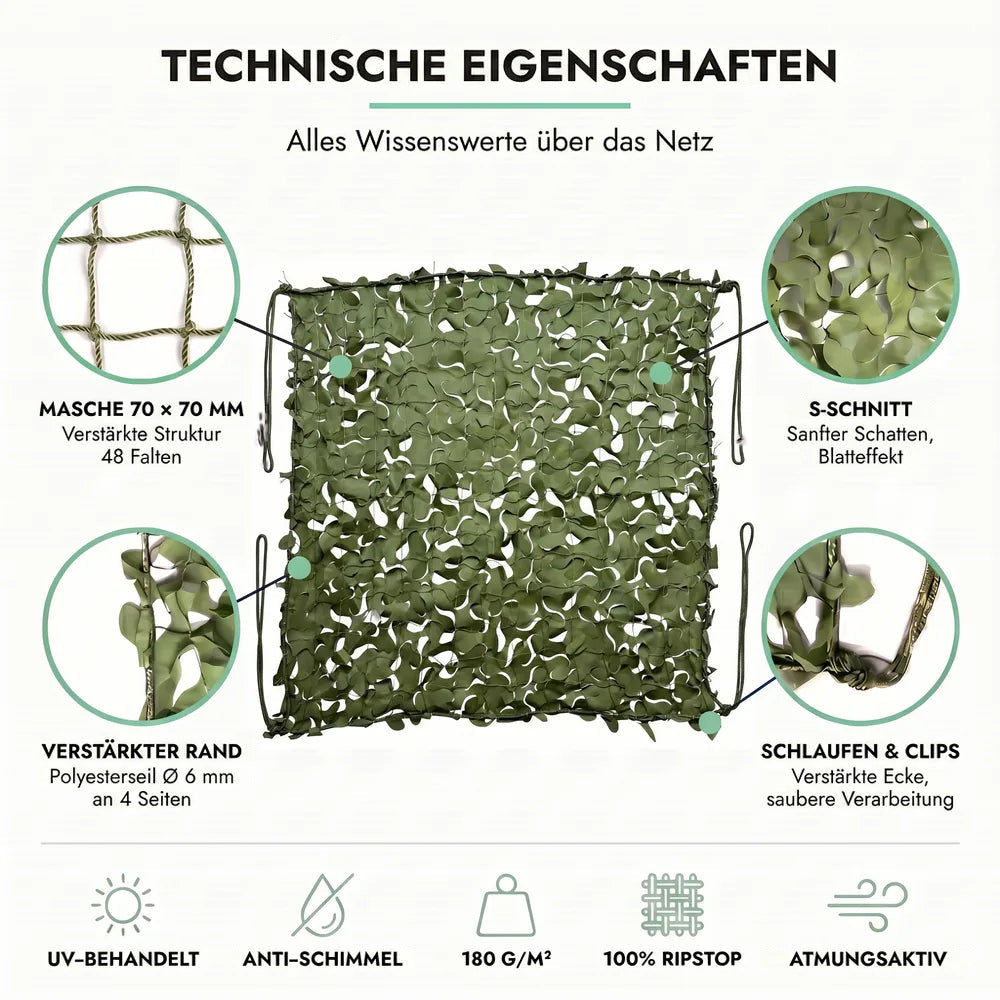 Tarnnetz Grün – Technische Eigenschaften: Masche 70 × 70 mm, S-Schnitt, verstärkter Rand, Schlaufen und Clips