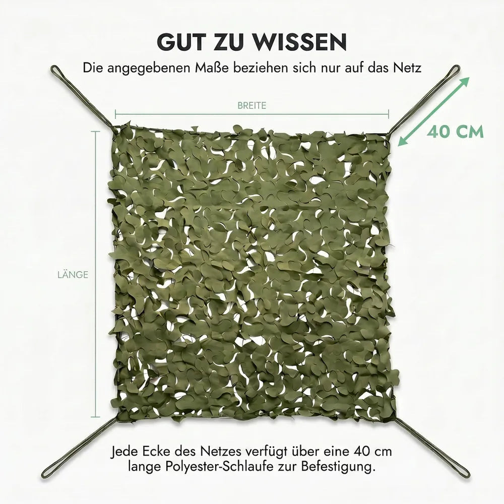 Tarnnetz Grün – Gut zu wissen: Maße gelten nur für das Netz, Schlaufe an jeder Ecke zur Befestigung