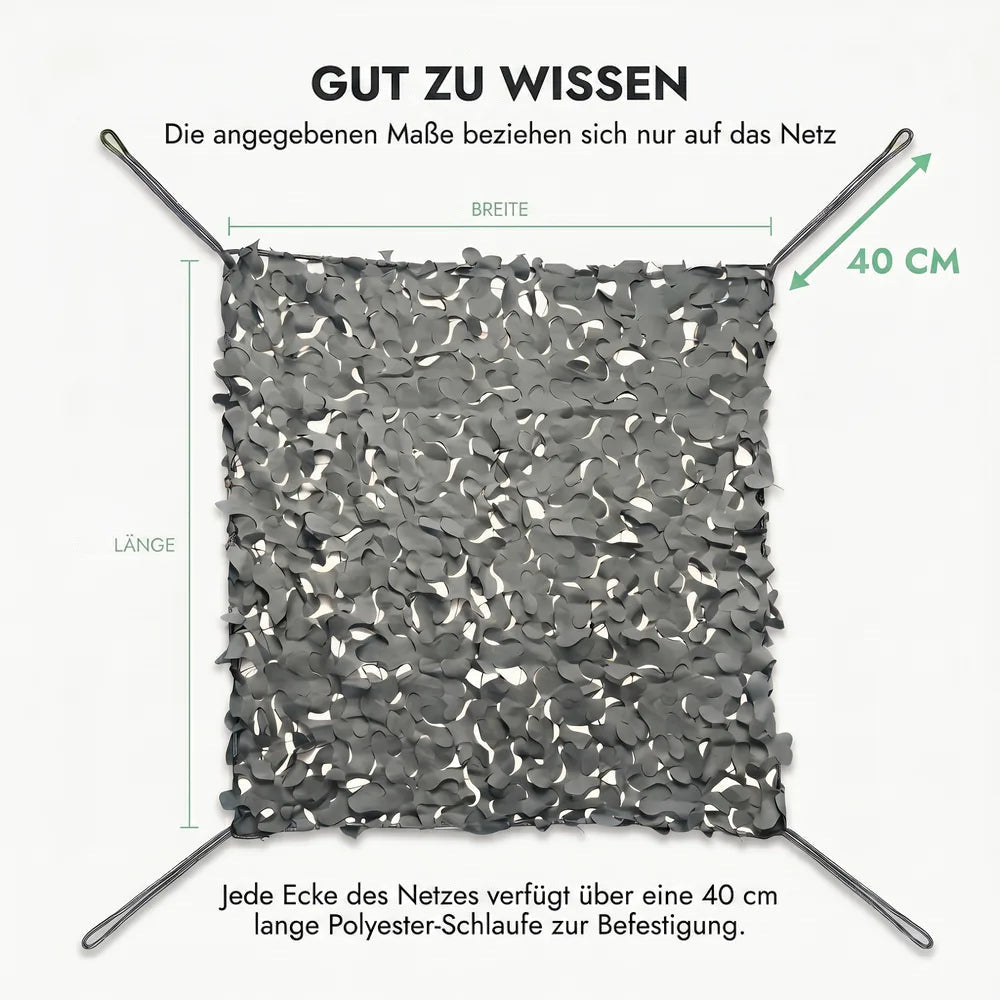 Tarnnetz Grau – Gut zu wissen: Maße gelten nur für das Netz, Schlaufe an jeder Ecke zur Befestigung
