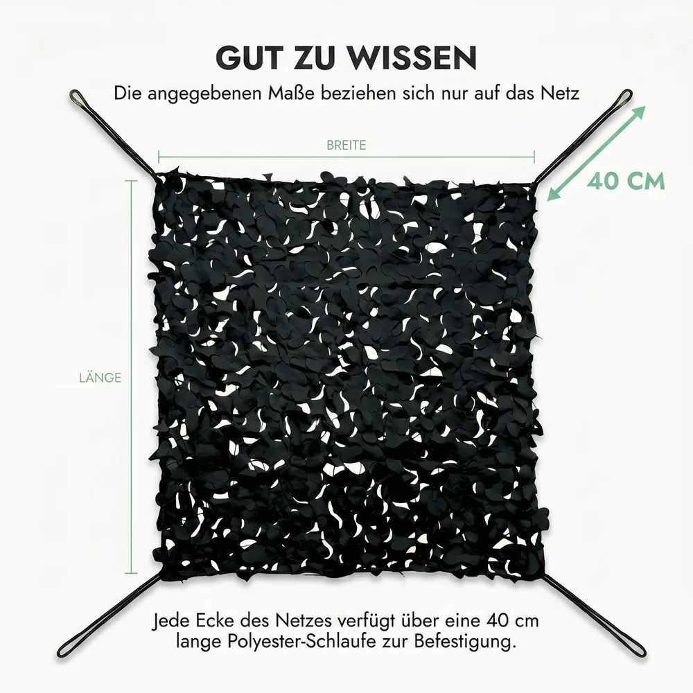 Tarnnetz Schwarz – Gut zu wissen: Maße gelten nur für das Netz, Schlaufe an jeder Ecke zur Befestigung