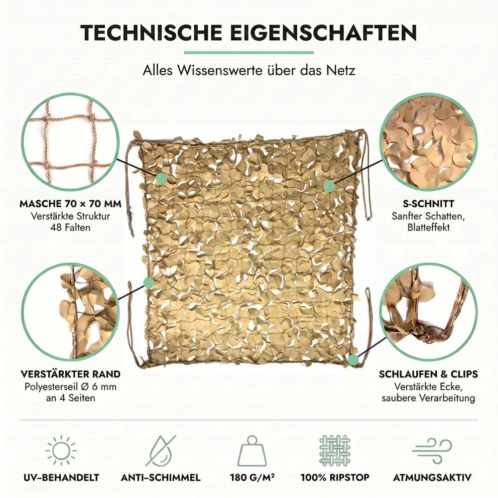 Tarnnetz Beige – Technische Eigenschaften: Masche 70 × 70 mm, S-Schnitt, verstärkter Rand, Schlaufen und Clips