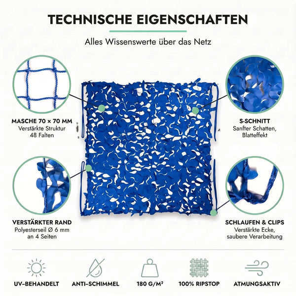 Tarnnetz Blau – Technische Eigenschaften: Masche 70 × 70 mm, S-Schnitt, verstärkter Rand, Schlaufen und Clips