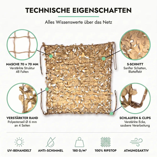 Tarnnetz Dreieck Beige – Technische Eigenschaften: Masche 70 × 70 mm, S-Schnitt, verstärkter Rand, Schlaufen und Clips