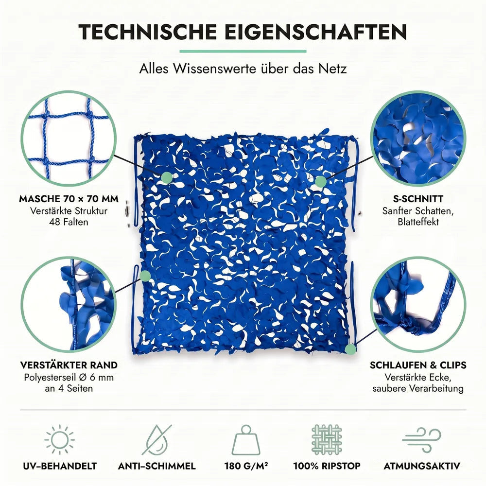 Tarnnetz Dreieck Blau – Technische Eigenschaften: Masche 70 × 70 mm, S-Schnitt, verstärkter Rand, Schlaufen und Clips