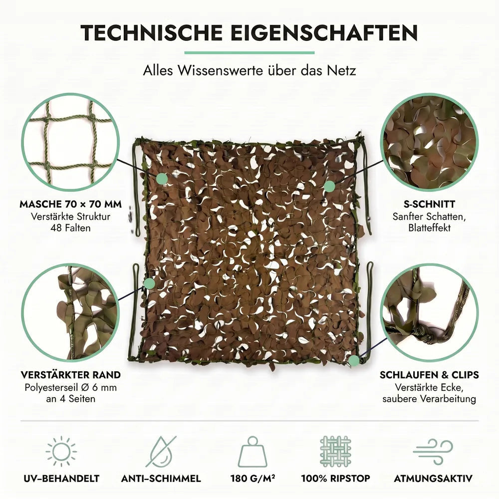 Tarnnetz Dreieck Bundeswehr – Technische Eigenschaften: Masche 70 × 70 mm, S-Schnitt, verstärkter Rand, Schlaufen und Clips