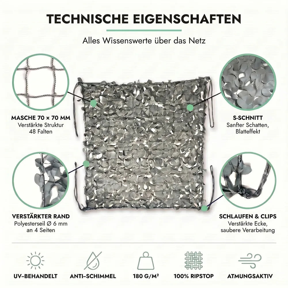 Tarnnetz Dreieck Grau – Technische Eigenschaften: Masche 70 × 70 mm, S-Schnitt, verstärkter Rand, Schlaufen und Clips
