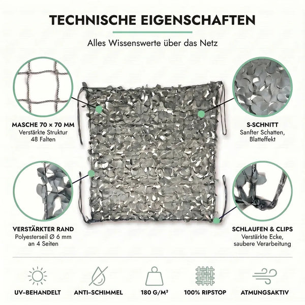 Tarnnetz Dreieck Grau – Technische Eigenschaften: Masche 70 × 70 mm, S-Schnitt, verstärkter Rand, Schlaufen und Clips