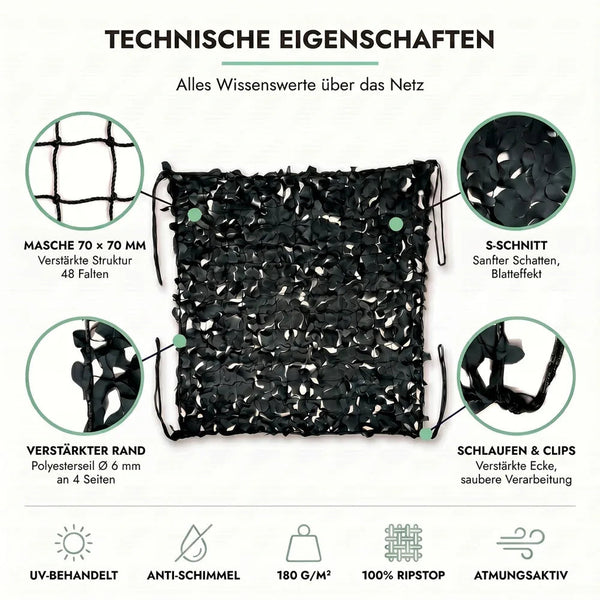 Tarnnetz Dreieck Schwarz – Technische Eigenschaften: Masche 70 × 70 mm, S-Schnitt, verstärkter Rand, Schlaufen und Clips