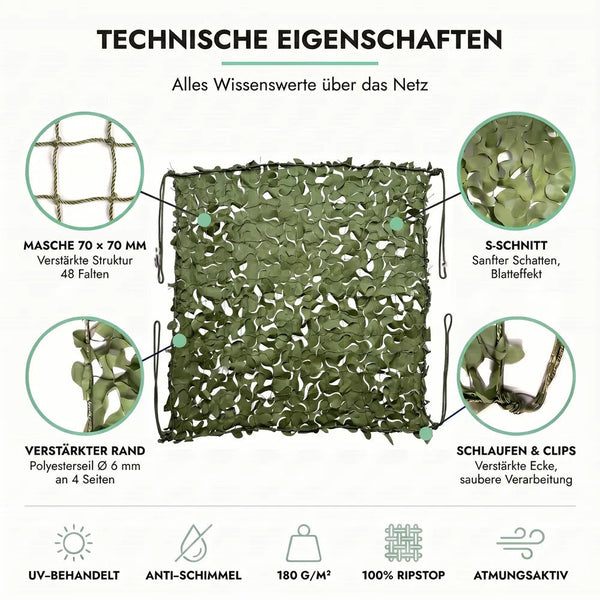 Tarnnetz Grün – Technische Eigenschaften: Masche 70 × 70 mm, S-Schnitt, verstärkter Rand, Schlaufen und Clips