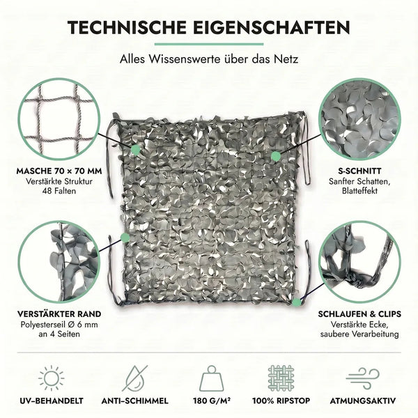Tarnnetz Grau – Technische Eigenschaften: Masche 70 × 70 mm, S-Schnitt, verstärkter Rand, Schlaufen und Clips