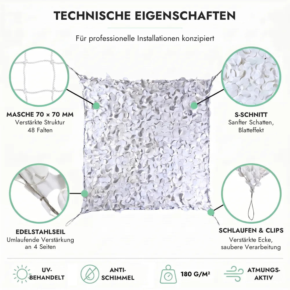 Tarnnetz mit Stahlseil – Technische Eigenschaften: Masche 70 × 70 mm, Edelstahlseil, Schlaufen und Clips