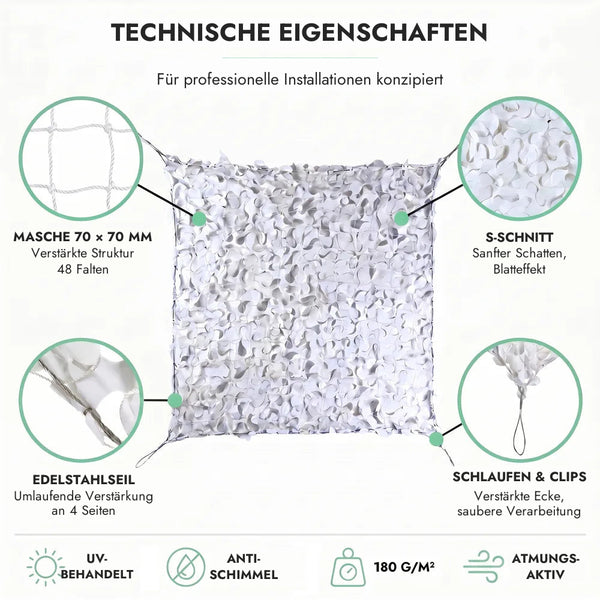 Tarnnetz mit Stahlseil – Technische Eigenschaften: Masche 70 × 70 mm, Edelstahlseil, Schlaufen und Clips